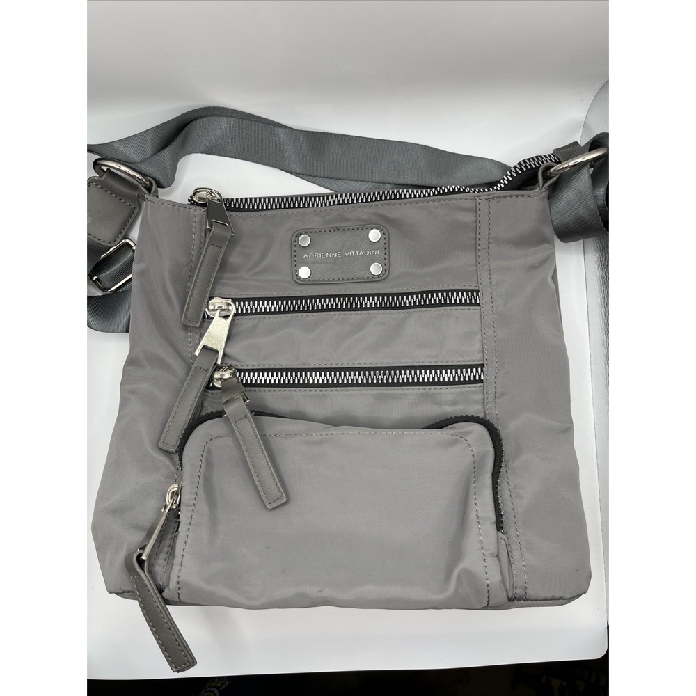 Adrienne Vittadini Studio Multi-Zip Gray Nylon Crossbody Handbag Travel Everyday